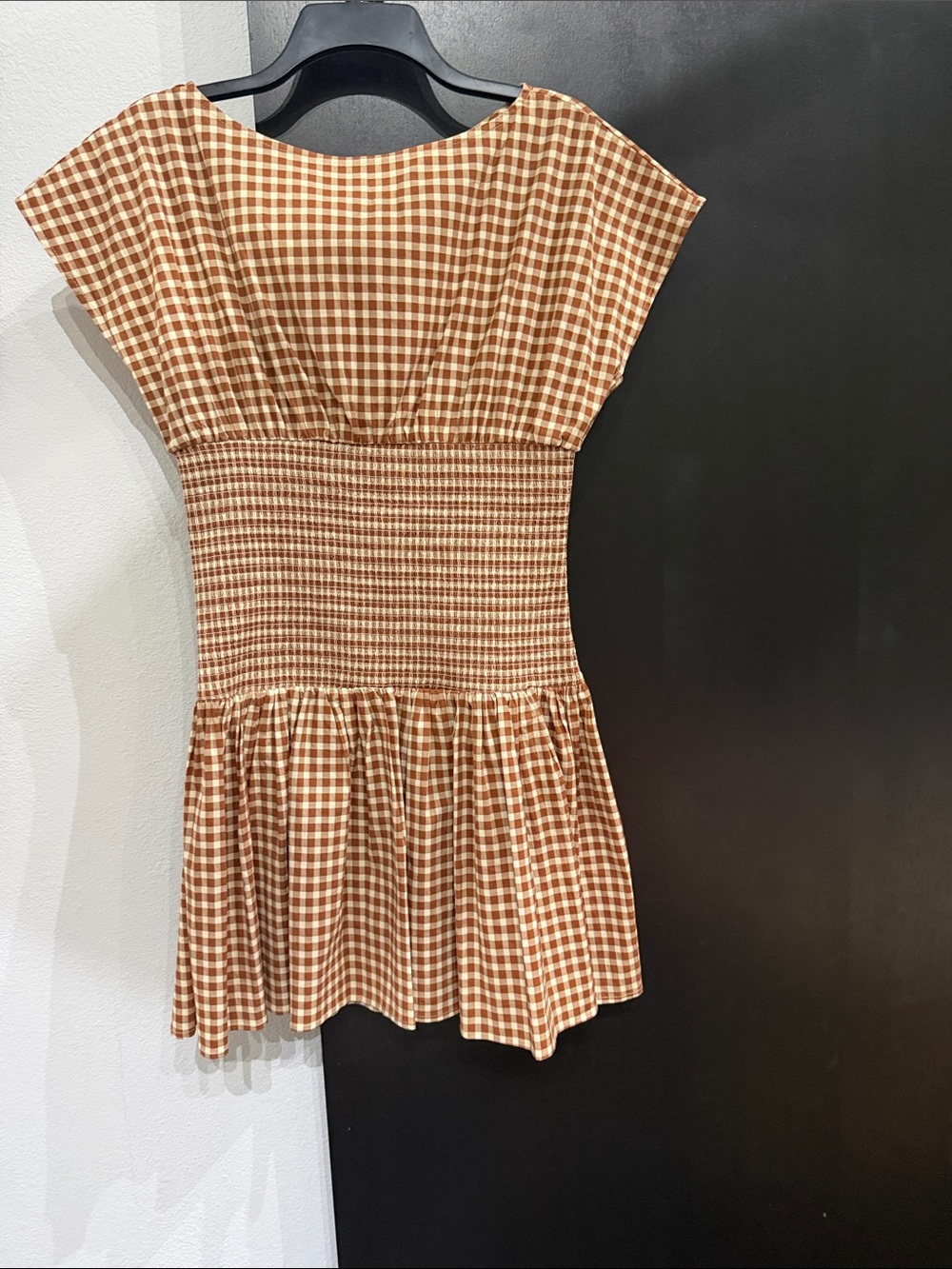 Avec Les Filles Brown Gingham Smocked Waist Mini Dress